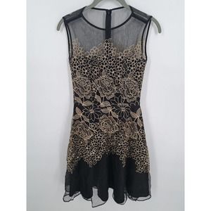 Tahari Women's Petite Black With Gold Details Sheer Lined Dress Size P4